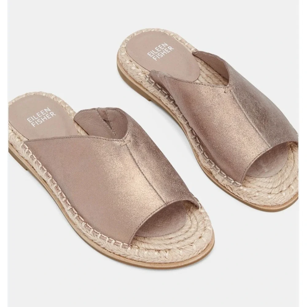Eileen Fisher Milly Gold Metallic Suede Espadrille Slide Sandals Womens 8 Flats